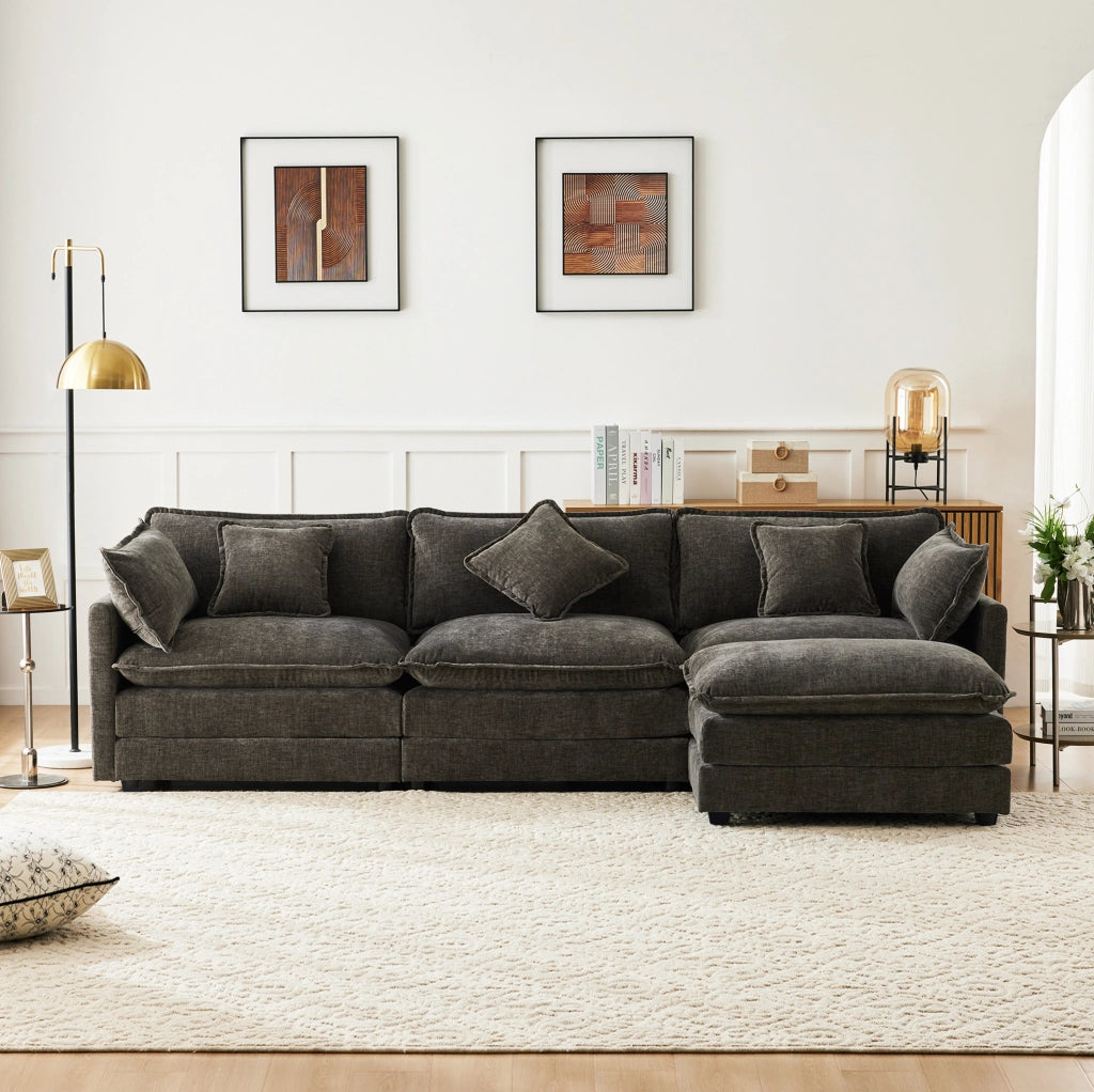 Divano 3 posti in ciniglia con pouf mobile e chaise longue a L componibile; grigio scuro