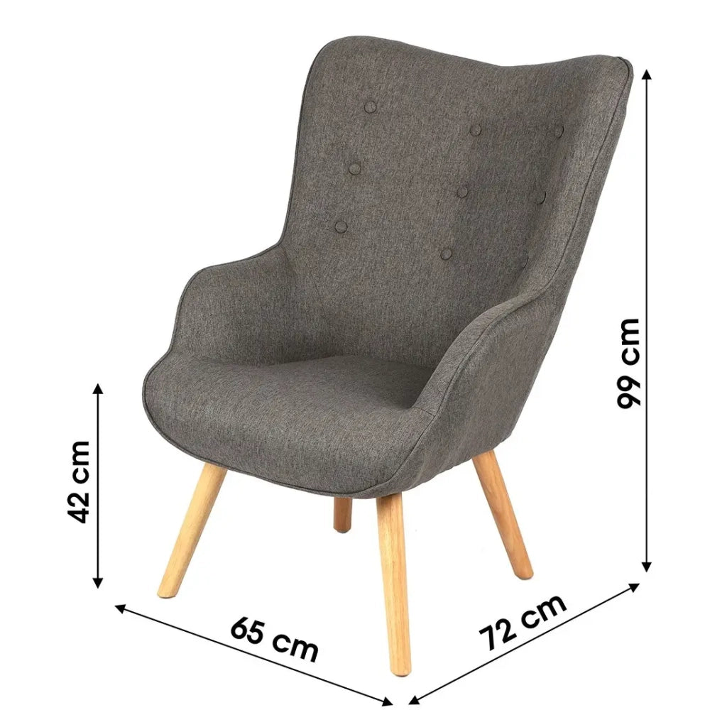 Poltrona da salotto in tessuto grigio scuro con piedi in legno collezione ENJOY. Stile scandinavo.