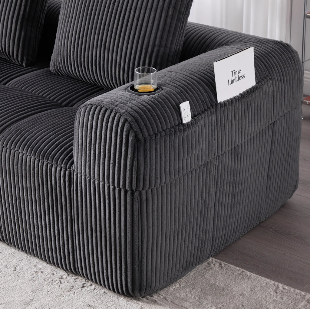 Divano compatto modulare in corduroy con tasche laterali e portabicchieri; 253x158x61 cm; grigio scuro
