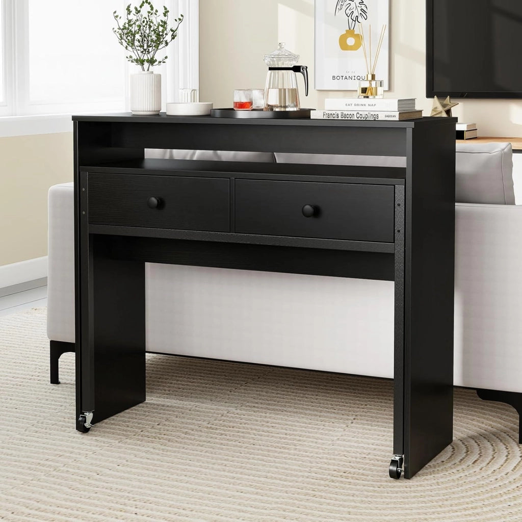 Scrivania per computer con piano estensibile, 100 x 63 x 88 cm, 2 cassetti e ripiano aperto, design compatto con ruote, tavolo da lavoro per camera da letto, ufficio (nero)