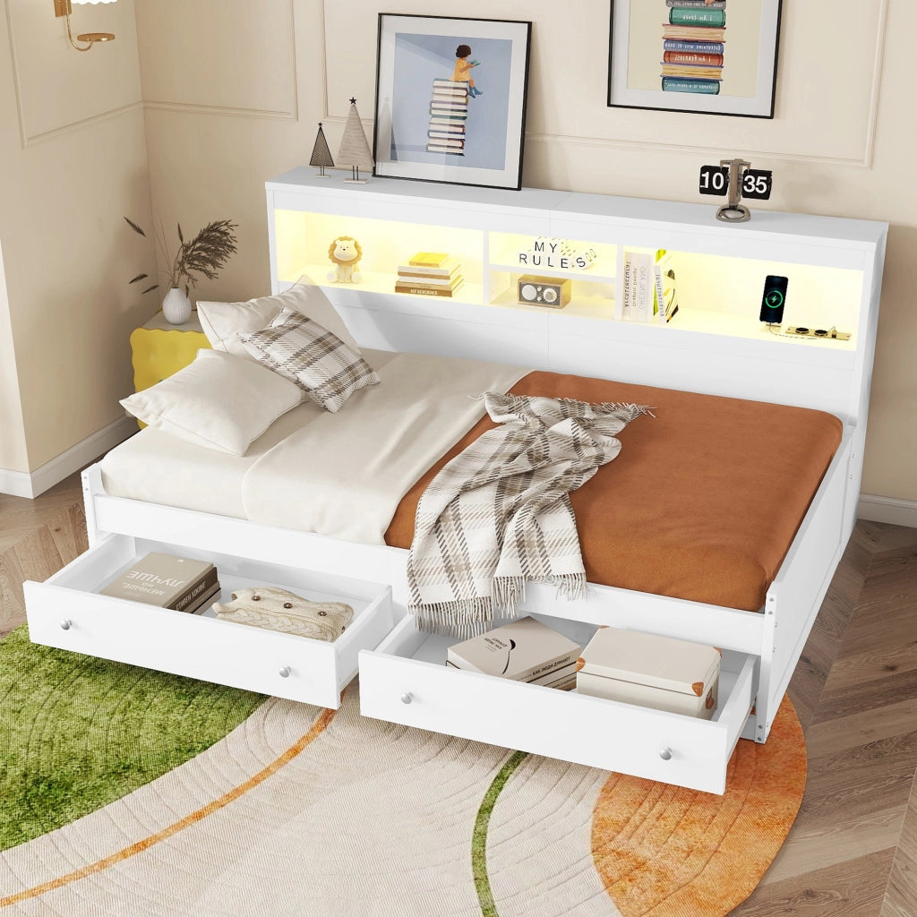 LETTO Daybed 90x200 cm con 2 cassetti, USB e LED Bianco