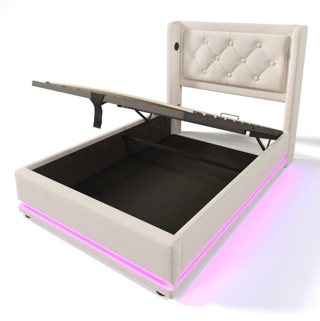 Letto singolo imbottito 90x200 cm beige in cotone con contenitore; USB Type-C e LED