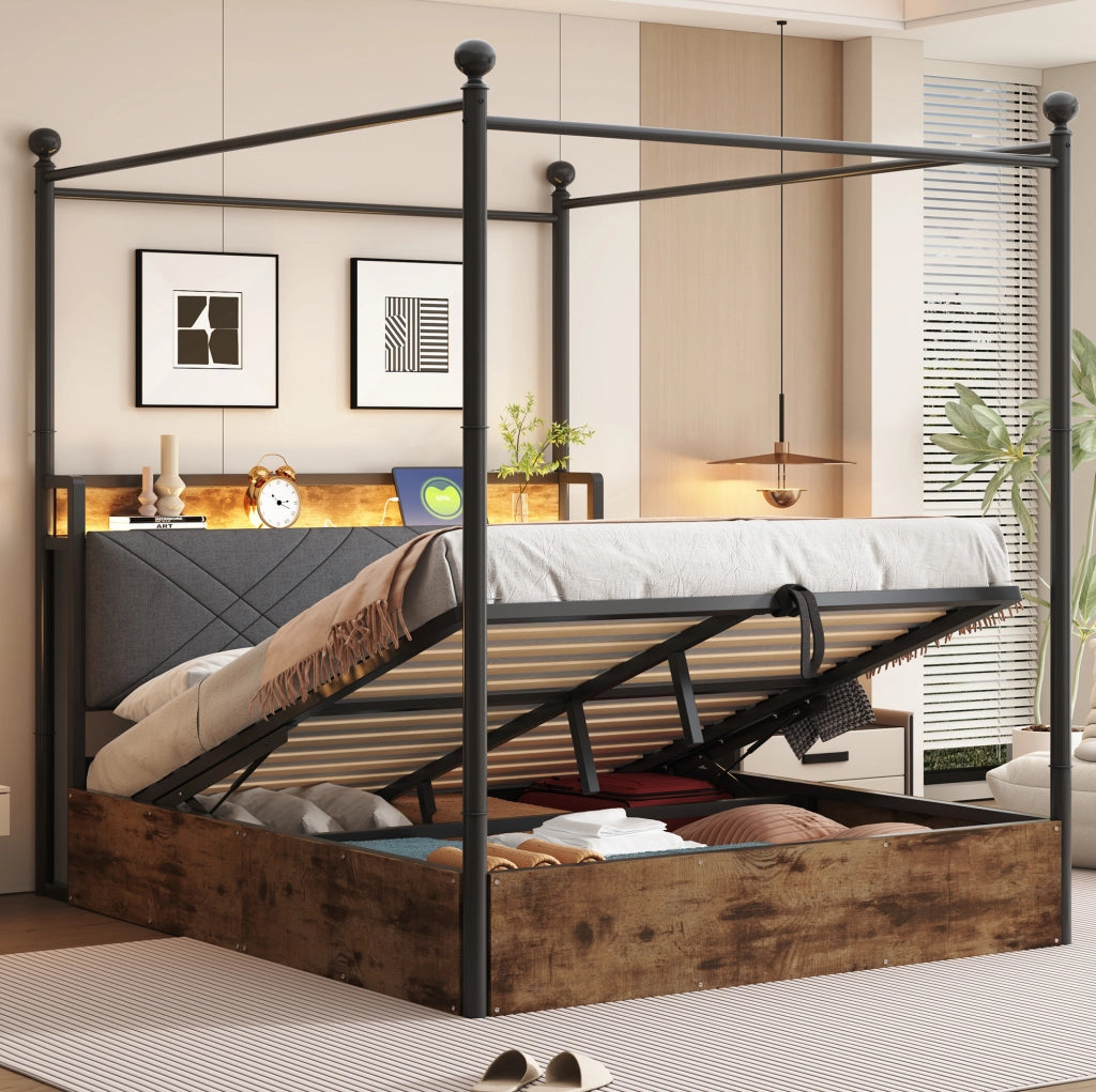 Letto 140x190 cm con baldacchino removibile; contenitore e LED in metallo e legno nero