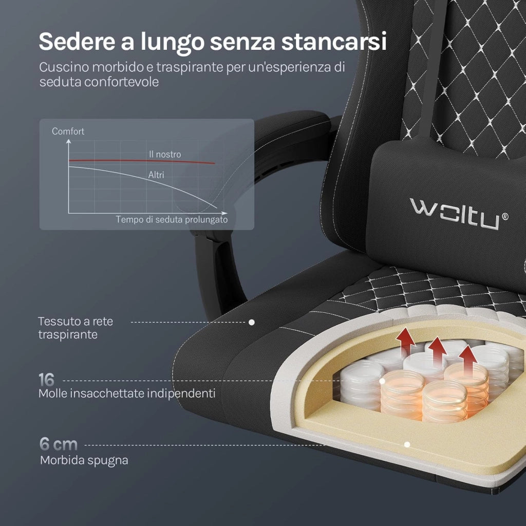 Sedia Gaming con Massaggio, Sedia da Ufficio Ergonomica Girevole Ampia Imbottita per Computer con Cuscino Lombare Massaggiante, Carico 150 Kg, Tessuto a rete, Nero+Bianco