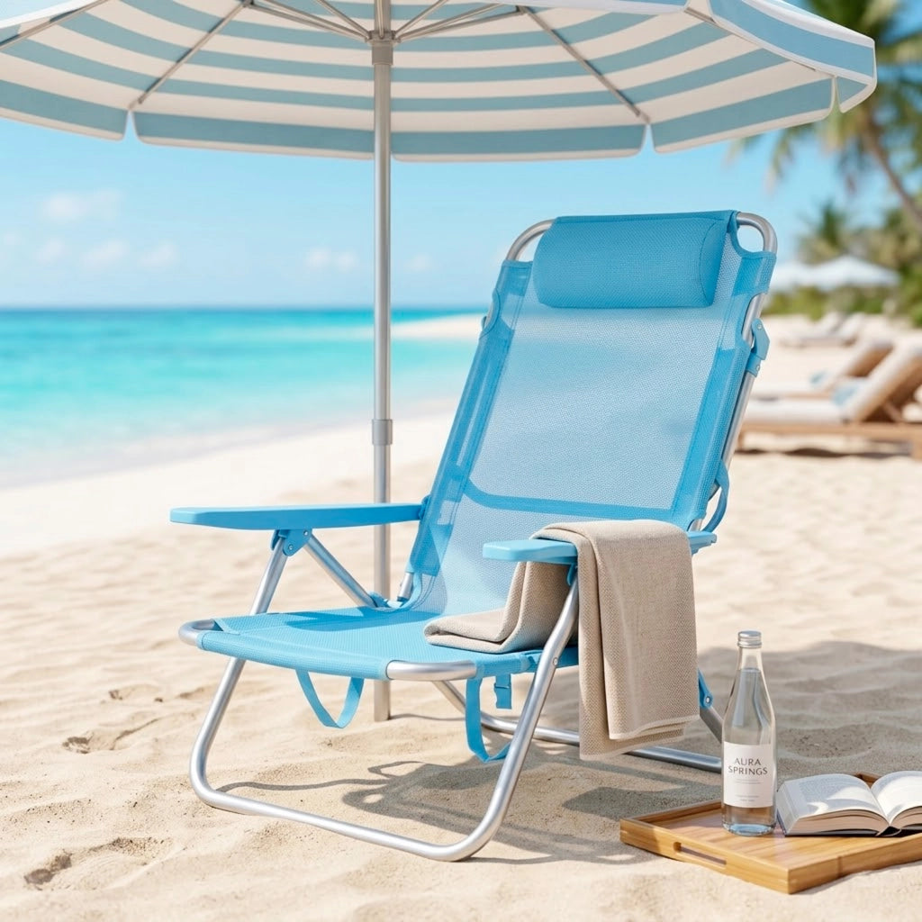 Spiaggina Relax Pieghevole Da Mare Con Telaio In Alluminio Seduta In Textilene Traspirante Poggiatesta Integrato E Braccioli Ergonomici Per Campeggio Outdoor 53 x 62 x 77 Cm Azzurro