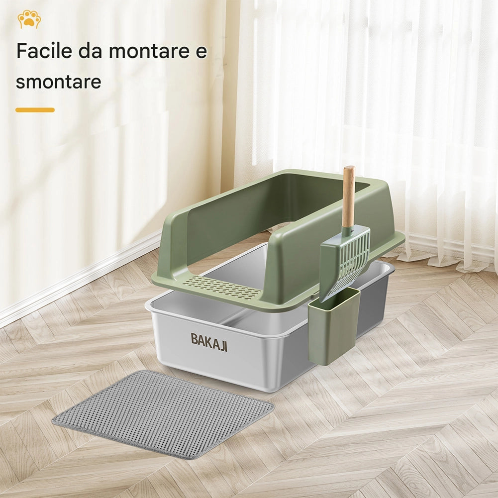 Lettiera per Gatti Verde in Acciaio con Tappetino Capacità 35 Litri con Paletta