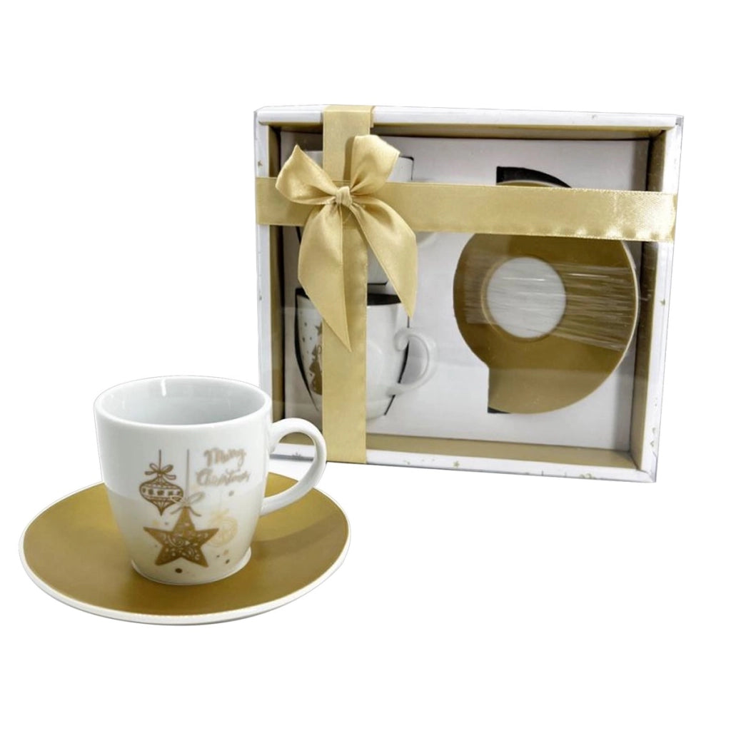 MA MAISON SET 2 TAZZINE BIANCHE E ORO CON PIATTINO STILE NATALIZIO IDEA REGALO
