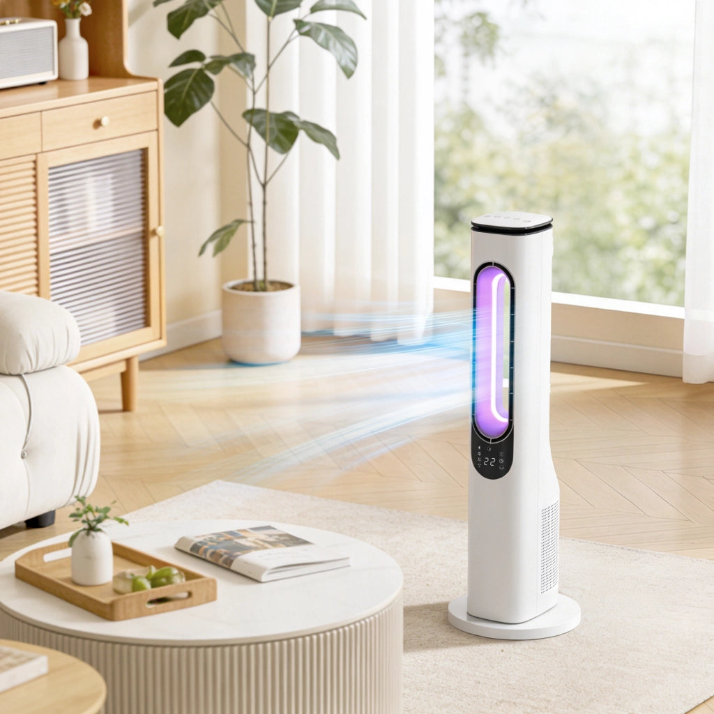 Ventilatore a Torre Senza Pale ¨C zephmum ¨C LED, Telecomando, Bianco