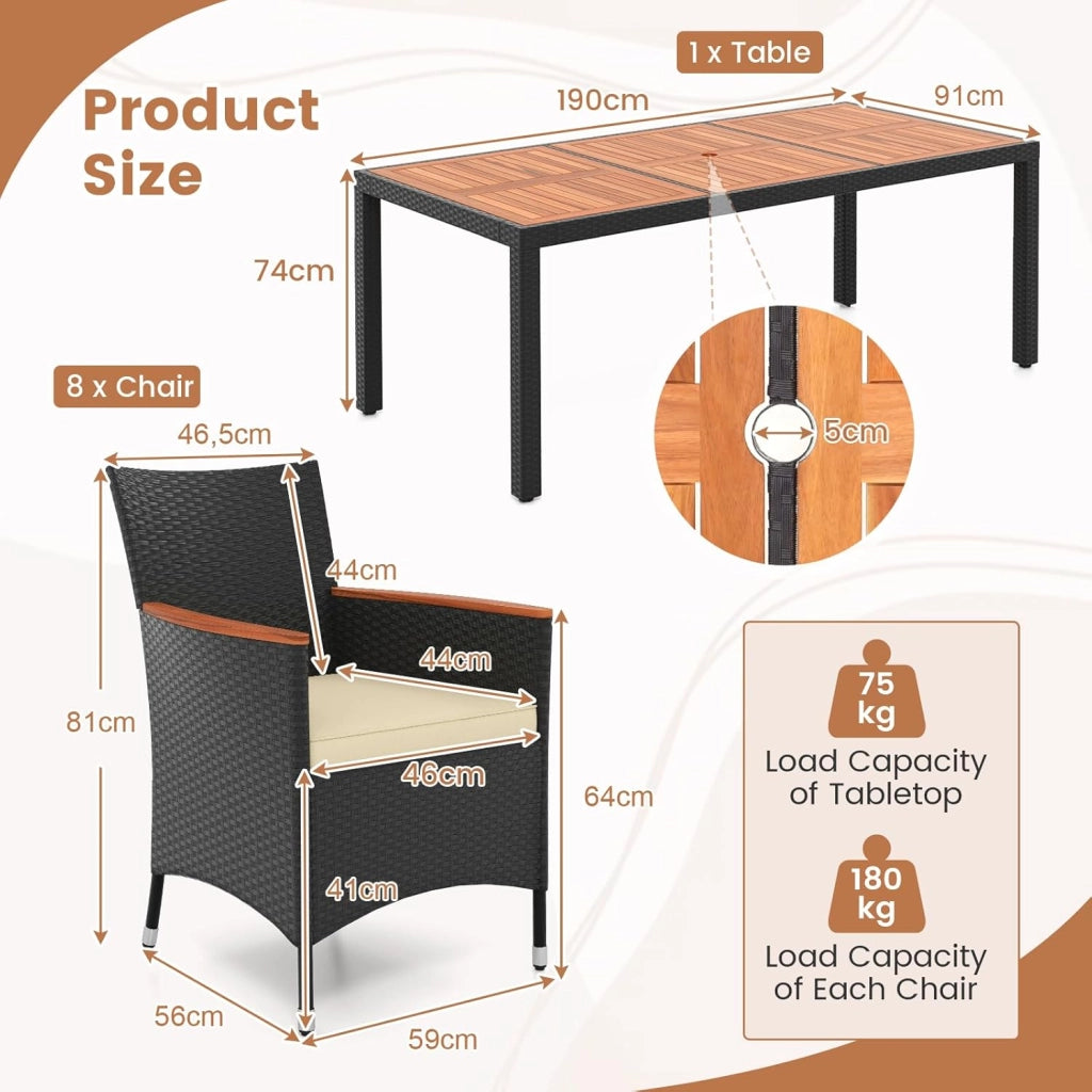 Set di mobili da giardino in rattan, set da 8 sedie con tavolo, in rattan, per esterni, terrazze, mobili da balcone, set per 8 persone, set da giardino