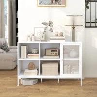 Mobile Buffet con 4 Ripiani Aperti e Armadietto, in Truciolato e Acciaio, 120x37x81.5 cm, Bianco