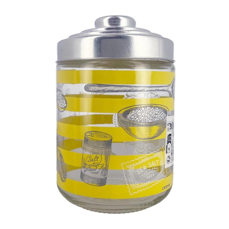SET 3 BARATTOLI HOME IN VETRO CON FANTASIA E SCRITTA HOME IN COLORAZIONE GIALLA CON TAPPO 800CC