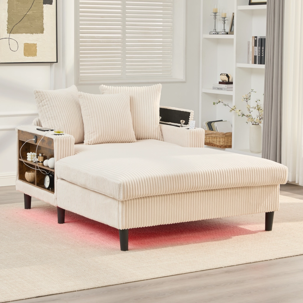 Chaiselongue in corduroy beige con portabicchieri, LED, vano portaoggetti e porta USB
