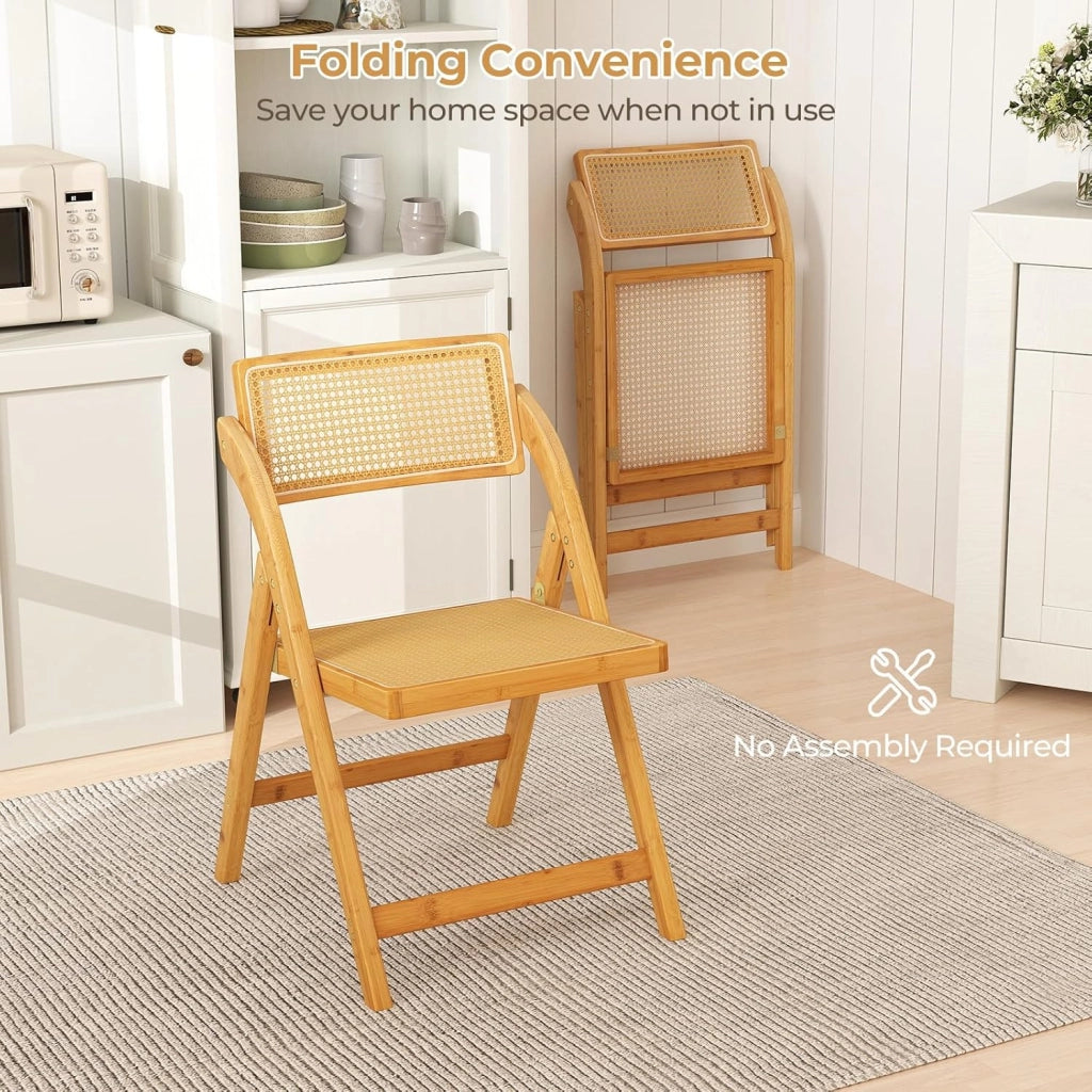 Set di 2 sedie da pranzo pieghevoli in rattan, sedie da cucina con telaio in bambù, schienale girevole a 360° e seduta larga, portata fino a 150 kg, per soggiorno, camera da letto, sala da