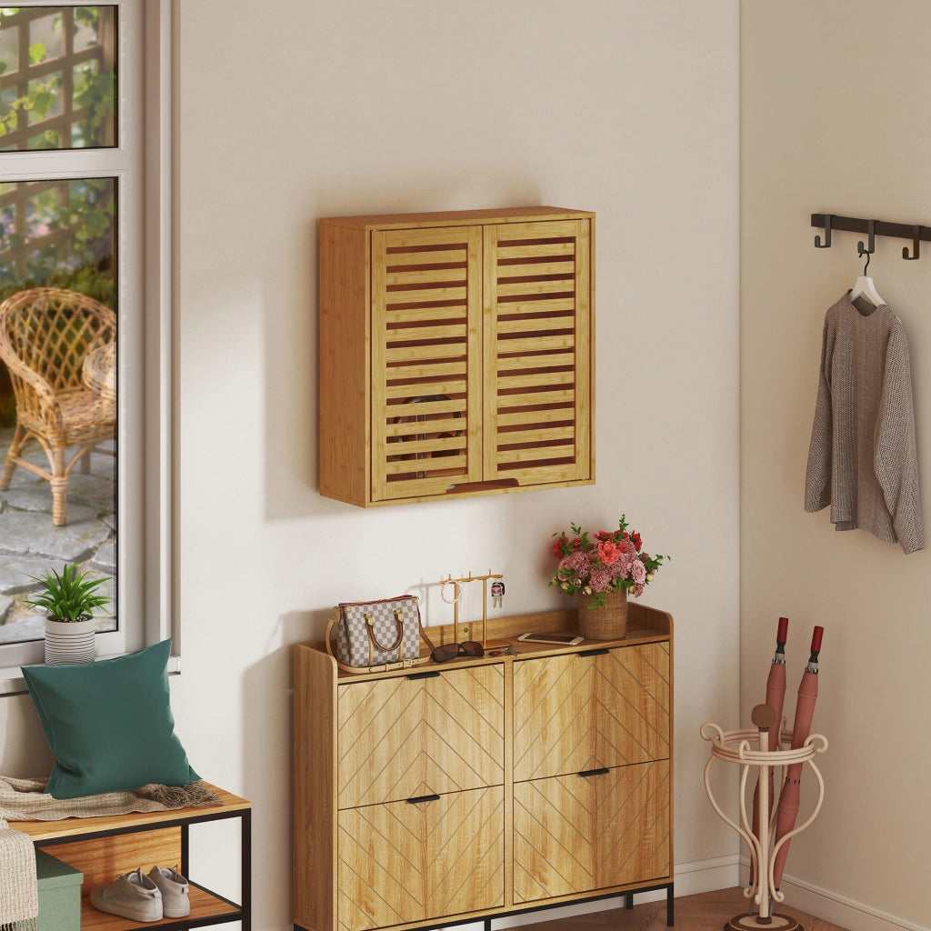 Pensile Bagno 60x20x60 cm con Ripiano Interno e Ante a Persiana in Bambù Color Legno