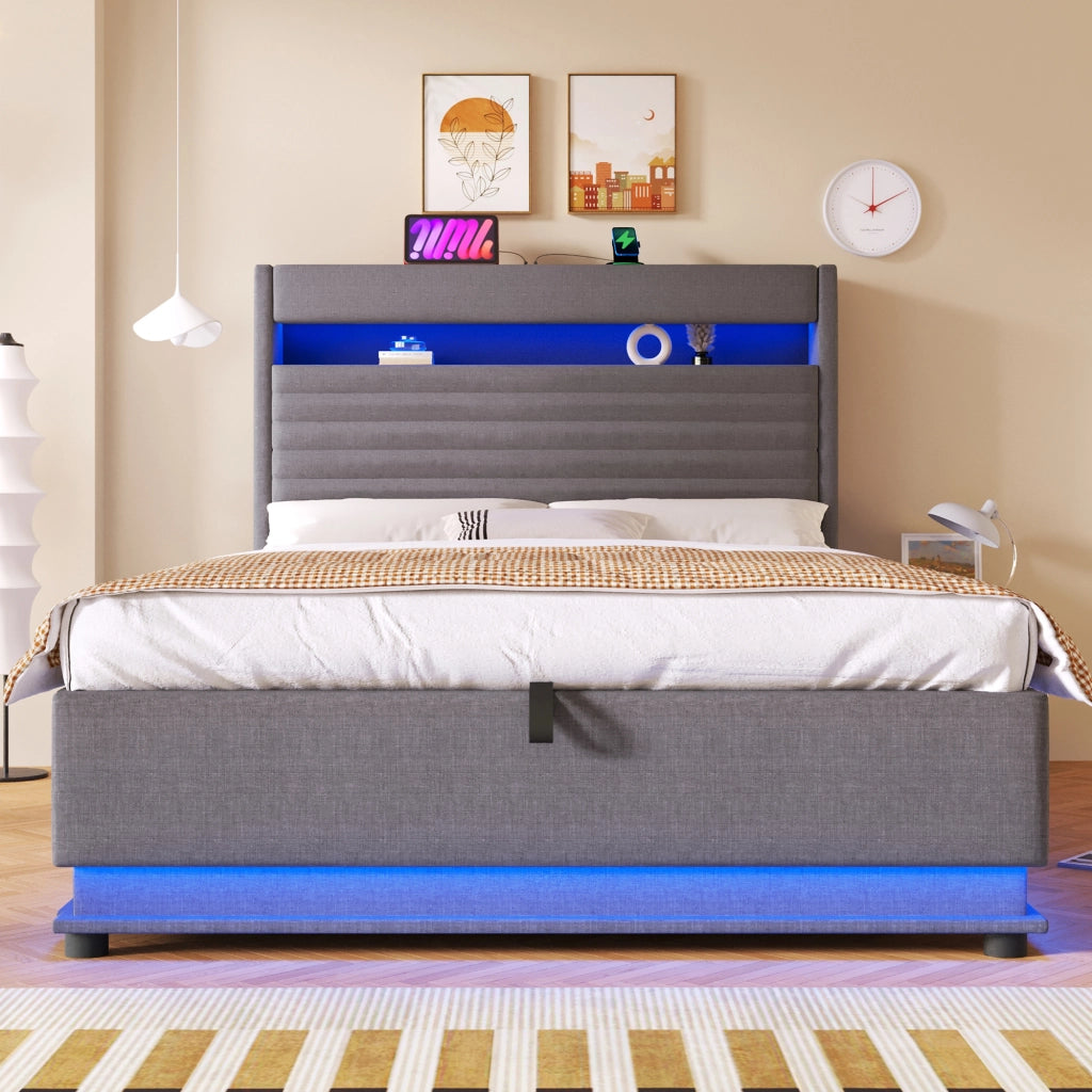DESMIU Lit con contenitore 140 × 200 cm 2 posti con USB, Type-C, LED regolabile e senza materasso, in lino, grigio