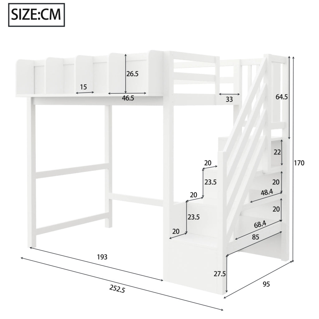 Letto a soppalco multifunzionale 90 x 200 cm in legno con LED; scala e vani portaoggetti; bianco