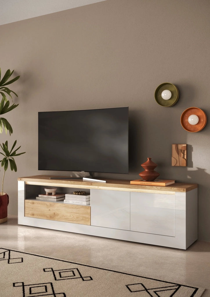 Mobile Porta TV ISCHIA 2 ante 1 cassetto 1 vano a giorno, impianto Led a sfioro, L210 x H58 x P43, legno 100% MADE IN ITALY, design moderno per cucina, sala da pranzo, soggiorno