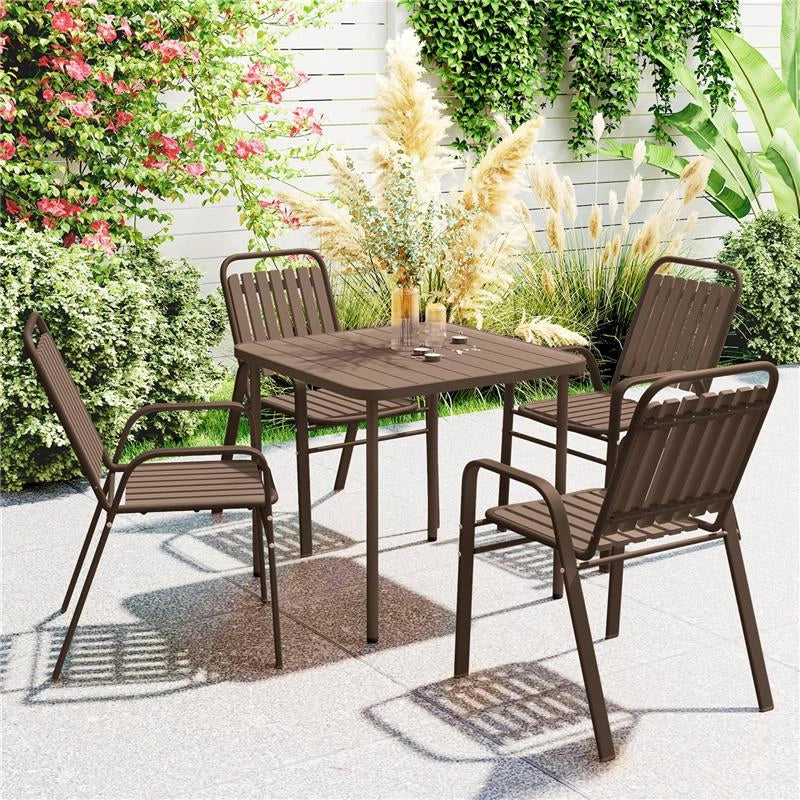 SET 4 SEDIE PER ESTERNO IMPILABILI CON SCHIENALE ALTO E BRACCIOLI IN ACCIAIO E PP 56X66X91 CM MARRONE SCURO