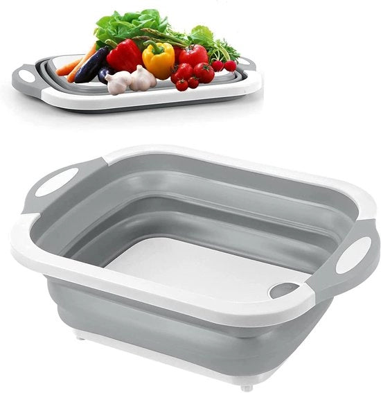 Snijplank opvougbile - Afwasbak multifunzionale portatile - Lavaggio e scarico di frutta e verdura con vasca di scarico sicura per alimenti - Cestino multifunzionale per barbecue, picnic, campeggio e vasca di scarico (grigio)