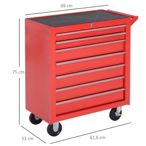 Carrello Portautensili 69x33x75 cm Rosso in Acciaio con 7 Cassetti, Serratura e 4 Ruote