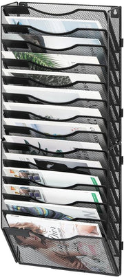 Krantenstandaard con 14 livelli, standaard metallico, parete per cartelloni, contenitore di archiviazione, fogli A4, documenti, ufficio, scuola, organizzatore di archivi, nero