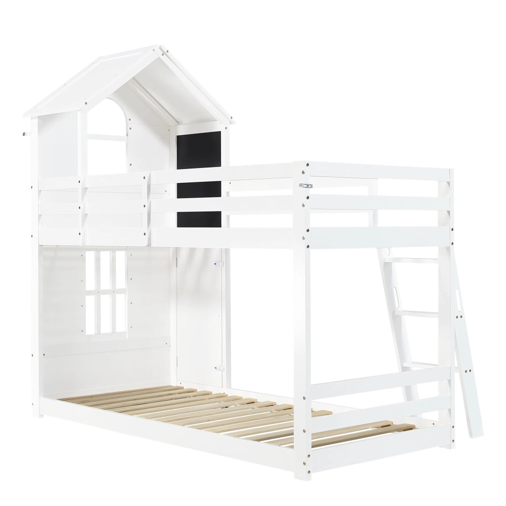 Lit a castello per bambini 90 × 200 cm 2 posti con porta, lavagna, finestre, tetto e scala inclinata, senza materasso, bianco