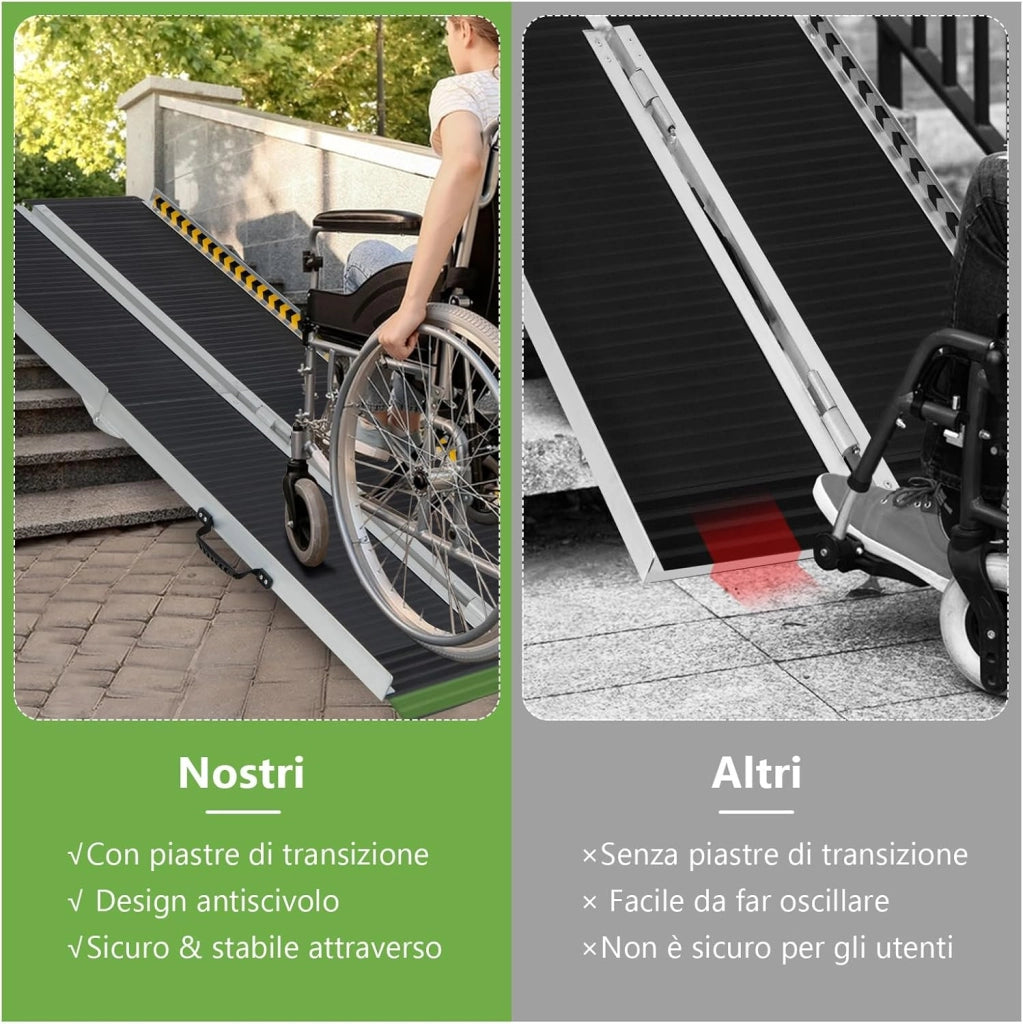 Set di 2 Rampa per Sedie a Rotelle in Alluminio, Rampa Telescopica Pieghevole con Superficie Antiscivolo, Capacità di Carico di 272 kg, per Soglie, Gradini, Scale (183 x 74cm)