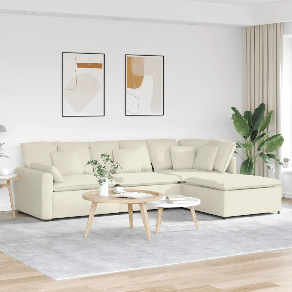 Divano Modulare con Poggiapiedi e Cuscini in Velluto Crema 3321196