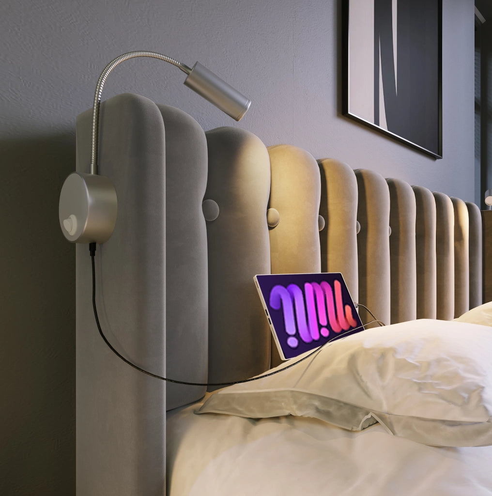Letto imbottito 140x200 cm in velluto grigio con luci USB e vano contenitore