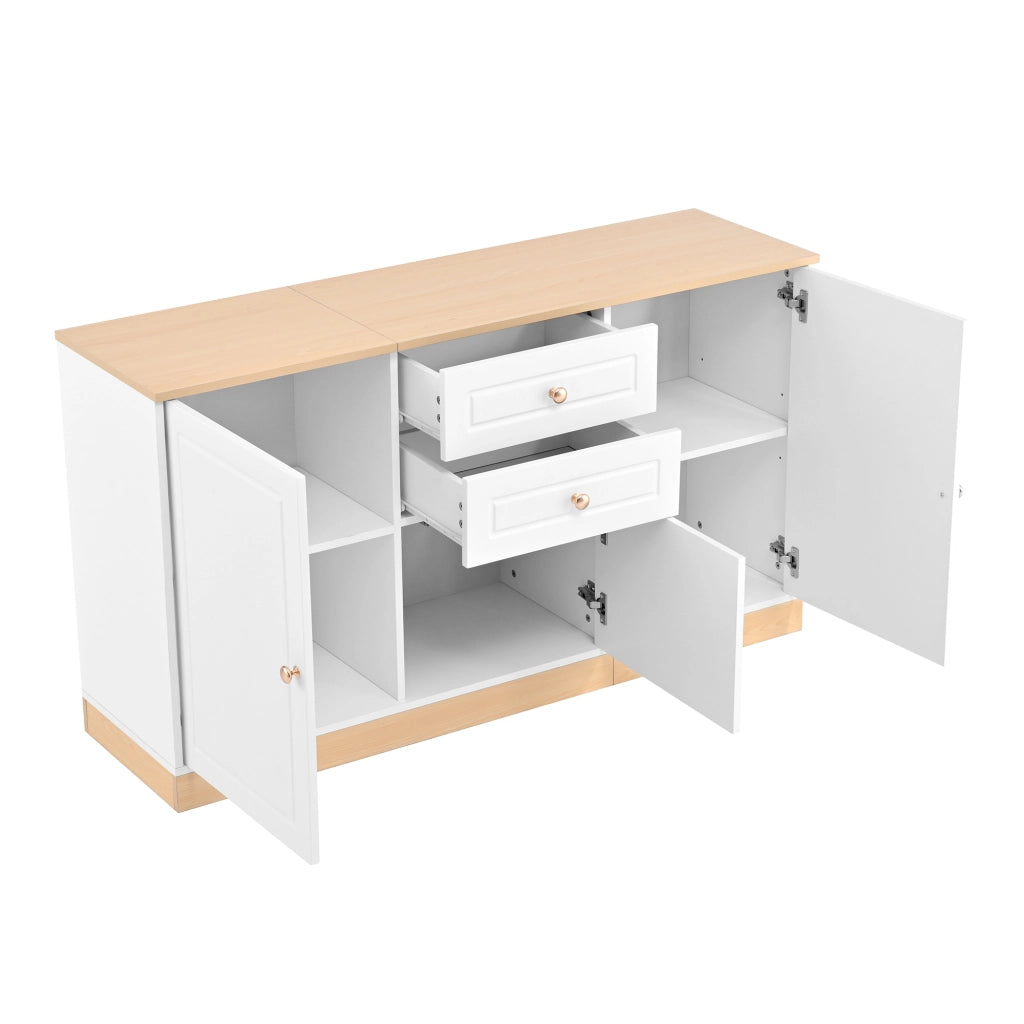 Sideboard bianco e legno con 2 ante, 2 cassetti e vano chiuso centrale, 135,5 x 39 x 76 cm