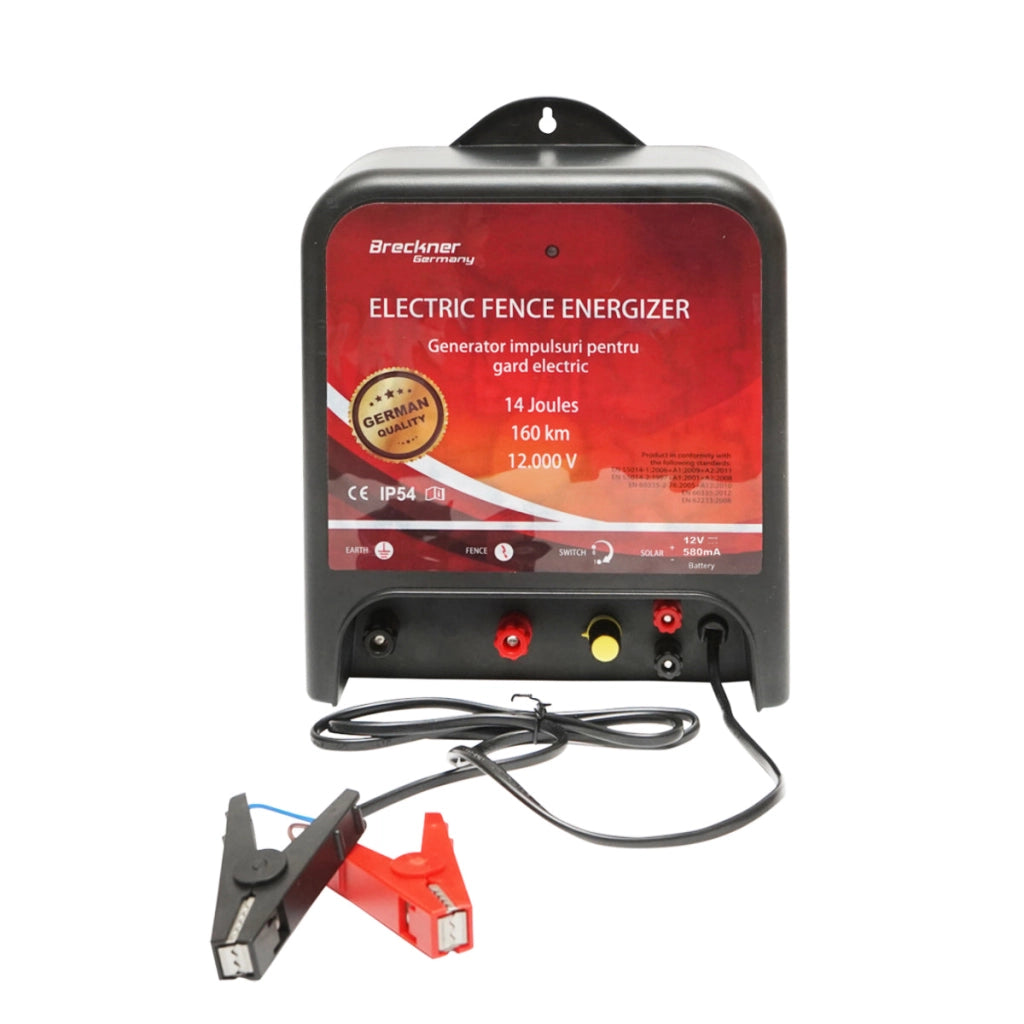 Kit completo per recinzione elettrica 12V, 14 Joule, lunghezza filo 1000m con pannello solare 20W e 100 isolatori Breckner Germany