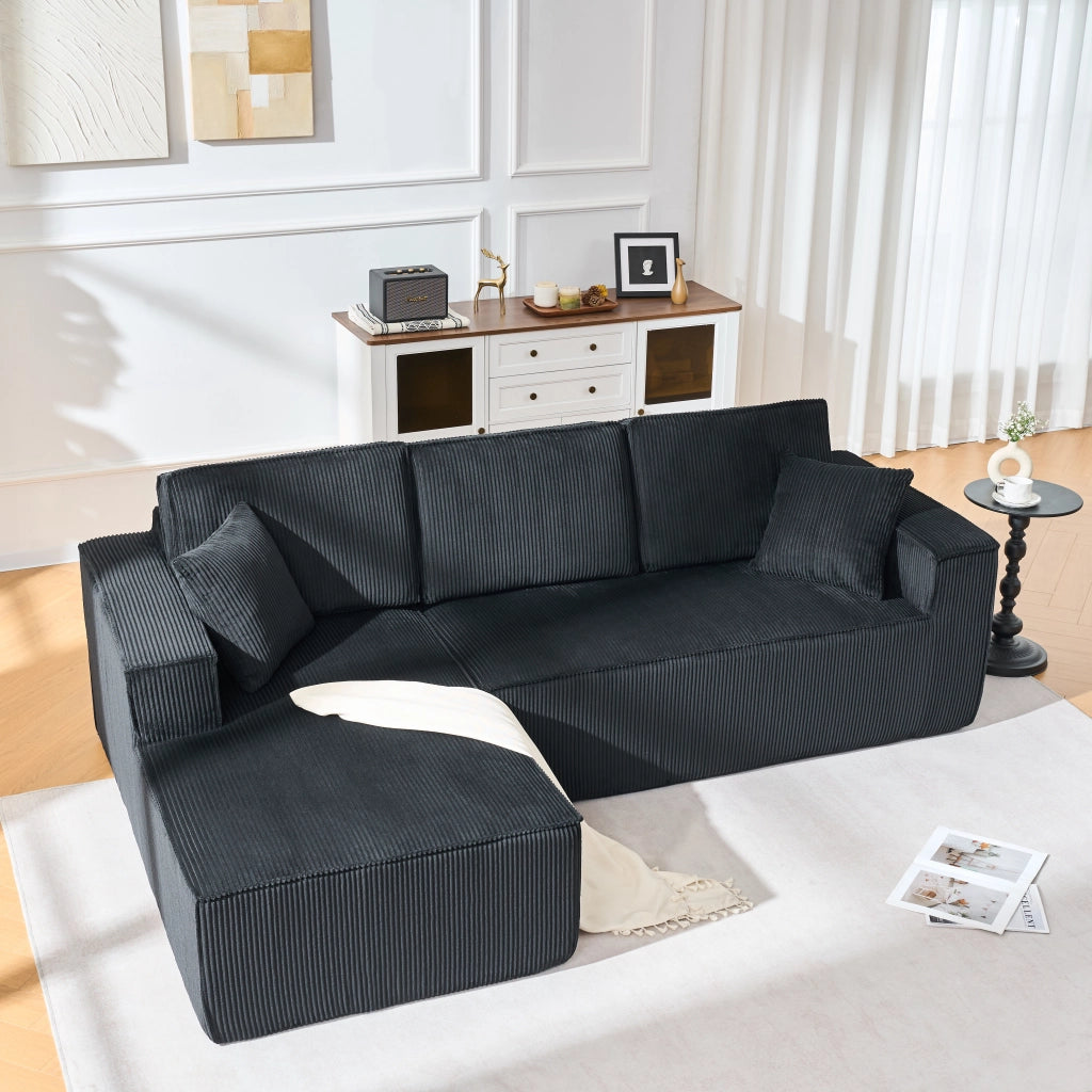 Divano Angolare 2 Posti con Chaise Longue in Tessuto ¨C MINIMAL ¨C Nero, Modulare, Morbido