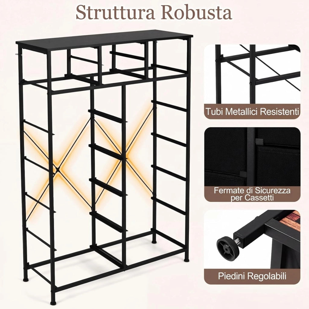 Cassettiera in Tessuto, Comò Salvaspazio a 14 Cassetti di 3 Dimensioni, Struttura in Metallo, Marrone Vintage e Nero, per Camera da Letto, Ingresso e Soggiorno (85 x 30 x 120 cm)