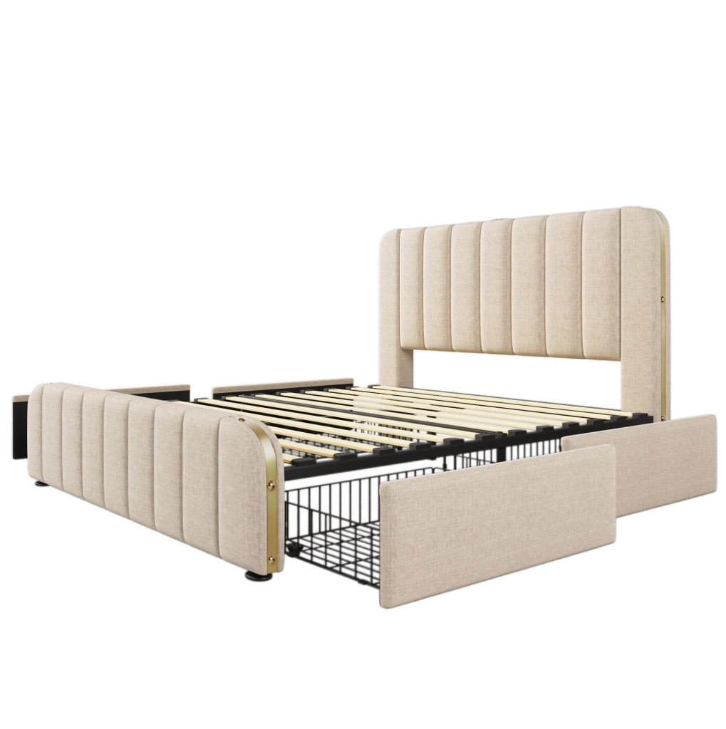 Letto imbottito 140x190 cm beige con 4 cassetti; USB e Type-C