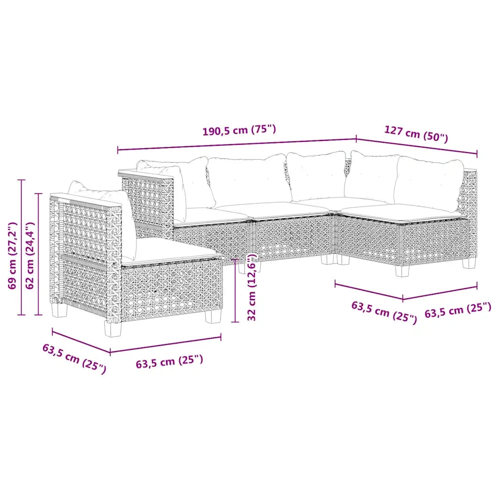 Set Divano da Giardino 5 pz con Cuscini Beige in Polyrattan
