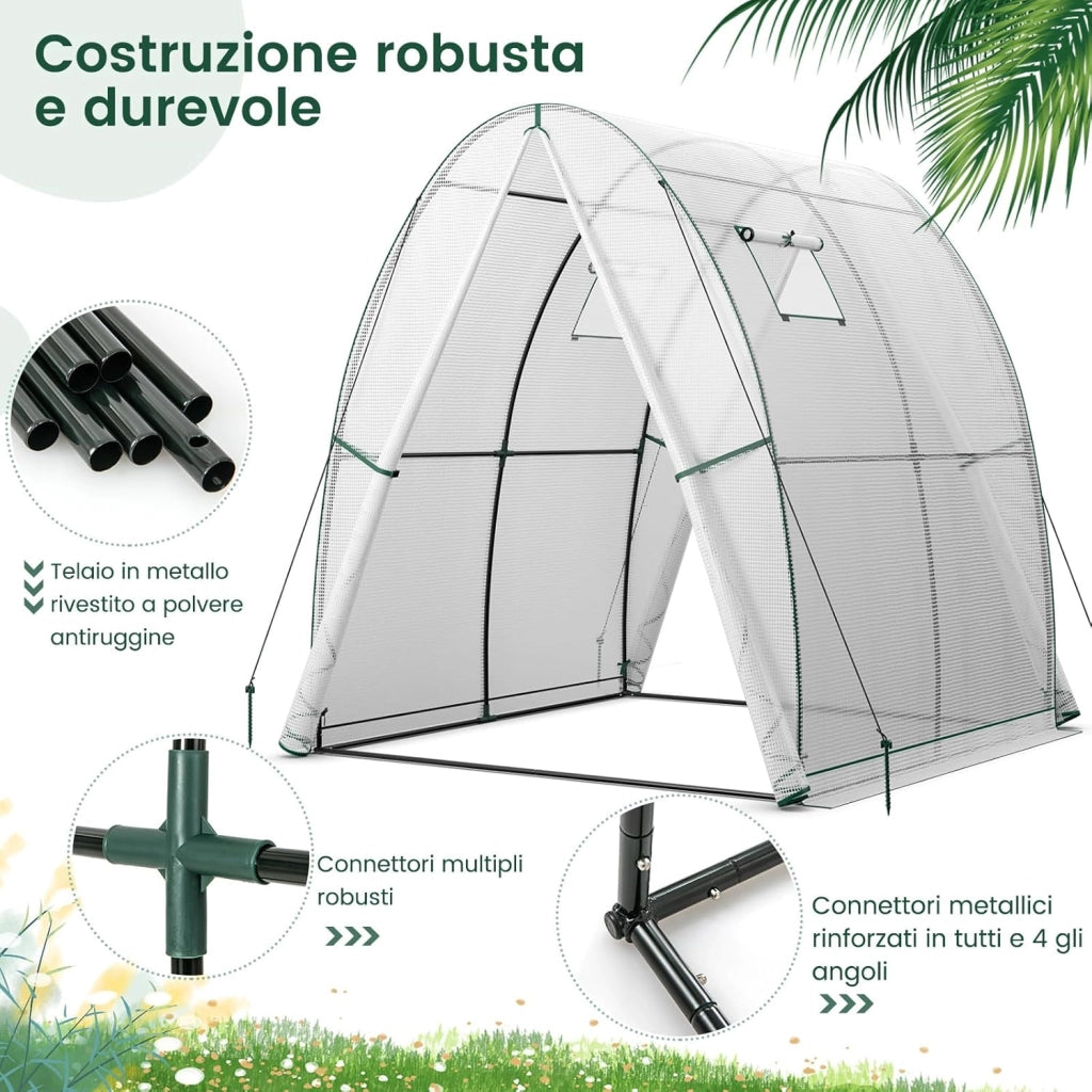 Serra da Giardino 181 x 181 x 200 CM, Serra a Tunnel da Esterno con 2 Porte con Zip, 2 Finestre, Copertura in PE Impermeabile e Tasche Laterali, Serra Invernale per Giardino (Bianco)