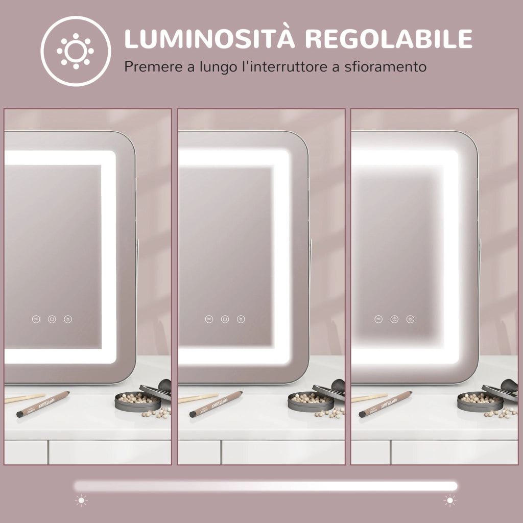 Specchio Trucco Make Up da Tavolo Luci Regolabili 3 Colori USB 31x41,5x3 cm Bianco