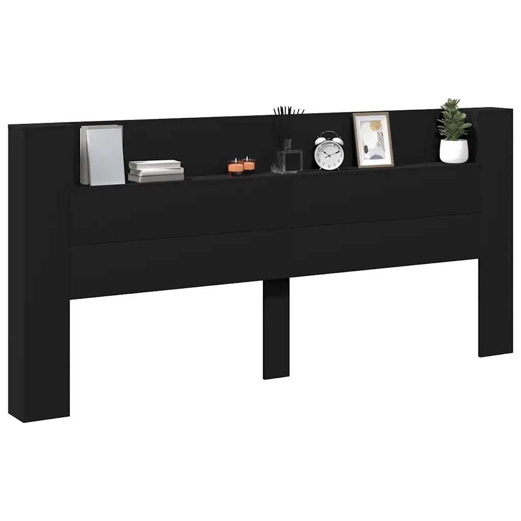 Testiera con Contenitore a LED-Testiera con Ripiani Nera 220x16,5x103,5 cm