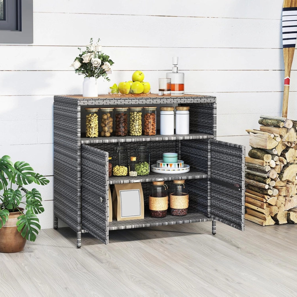 Armadietto da giardino, credenza in rattan, armadio portaoggetti con piano di lavoro e mensola, armadio per giardino, balcone e piscina, 90 x 53 x 86 cm, grigio