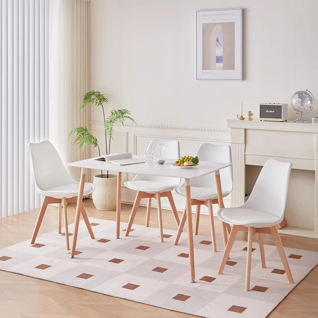 GrandCA HOME Set di 4 Sedie da Pranzo con Gamba in Faggio Massello, Design Retrò, Sedia Imbottita, Sedia da Cucina, in Legno,Bianco