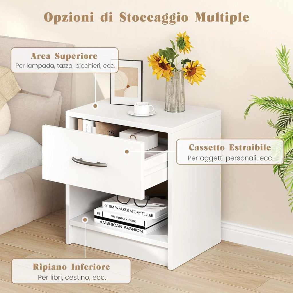 COSTWAY Comodino 38,5 x 28 x 40,5cm in Legno, Tavolino Salvaspazio con Scomparto Aperto e Casseto per Soggiorno e Camera da Letto (Bianco)