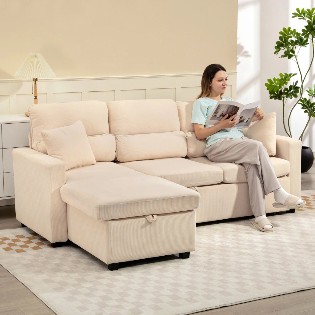 Divano Letto Angolare con Vano Contenitore 205x135x76 cm Rivestimento in Velluto a Coste Beige