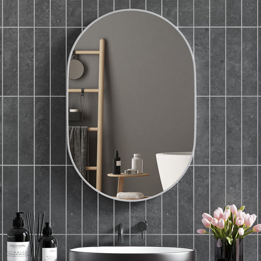 Specchio Bagno Ovale da Parete 60x90 cm con Cornice in Alluminio Verticale o Orizzontale Argento