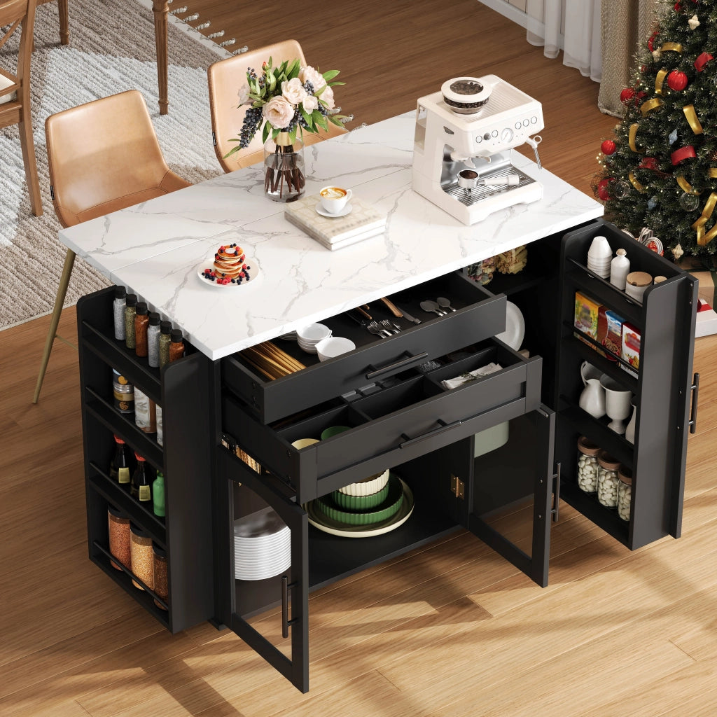 Carrello cucina mobile con piano ribaltabile, 2 cassetti e ruote bloccabili