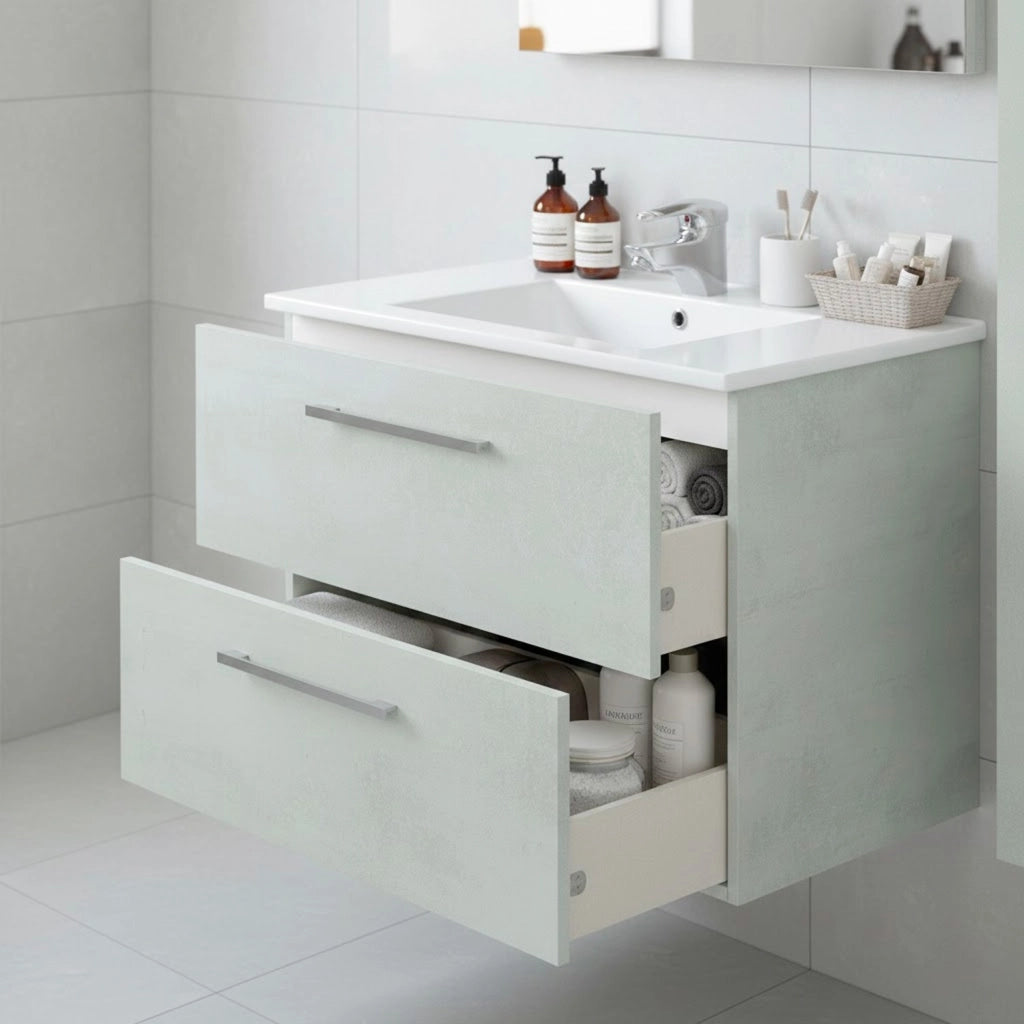 Mobile Bagno Sospeso Con 2 Cassettoni Con Sistema Soft Close Lavandino In Ceramica E Specchio Led Da 30 Cm Design Moderno 57 X 80 X 45 Cm Colore Grigio Cemento