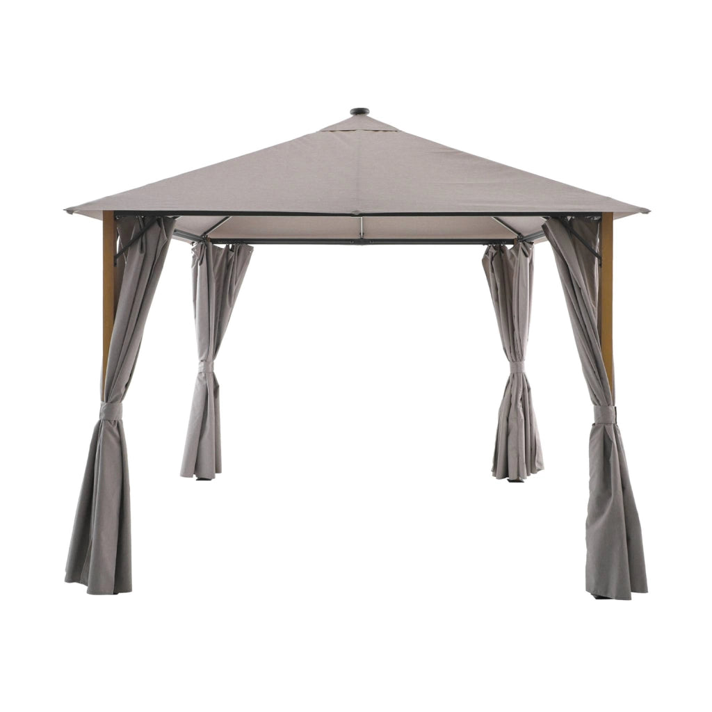 Gazebo da giardino 3x3m in alluminio effetto legno con tende e led,