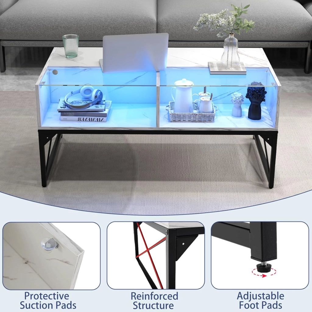 Tavolino da salotto moderno con luci a LED regolabili e 4 cubi, tavolo da salotto moderno con piano in finto marmo e vetro temperato, telecomando incluso, bianco/nero (bianco)