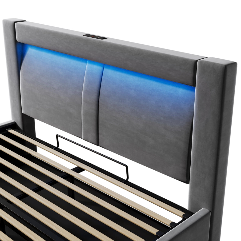 Letti contenitori 160x200 cm con contenitore; LED e ricarica USB; velluto; grigio (Senza materasso)
