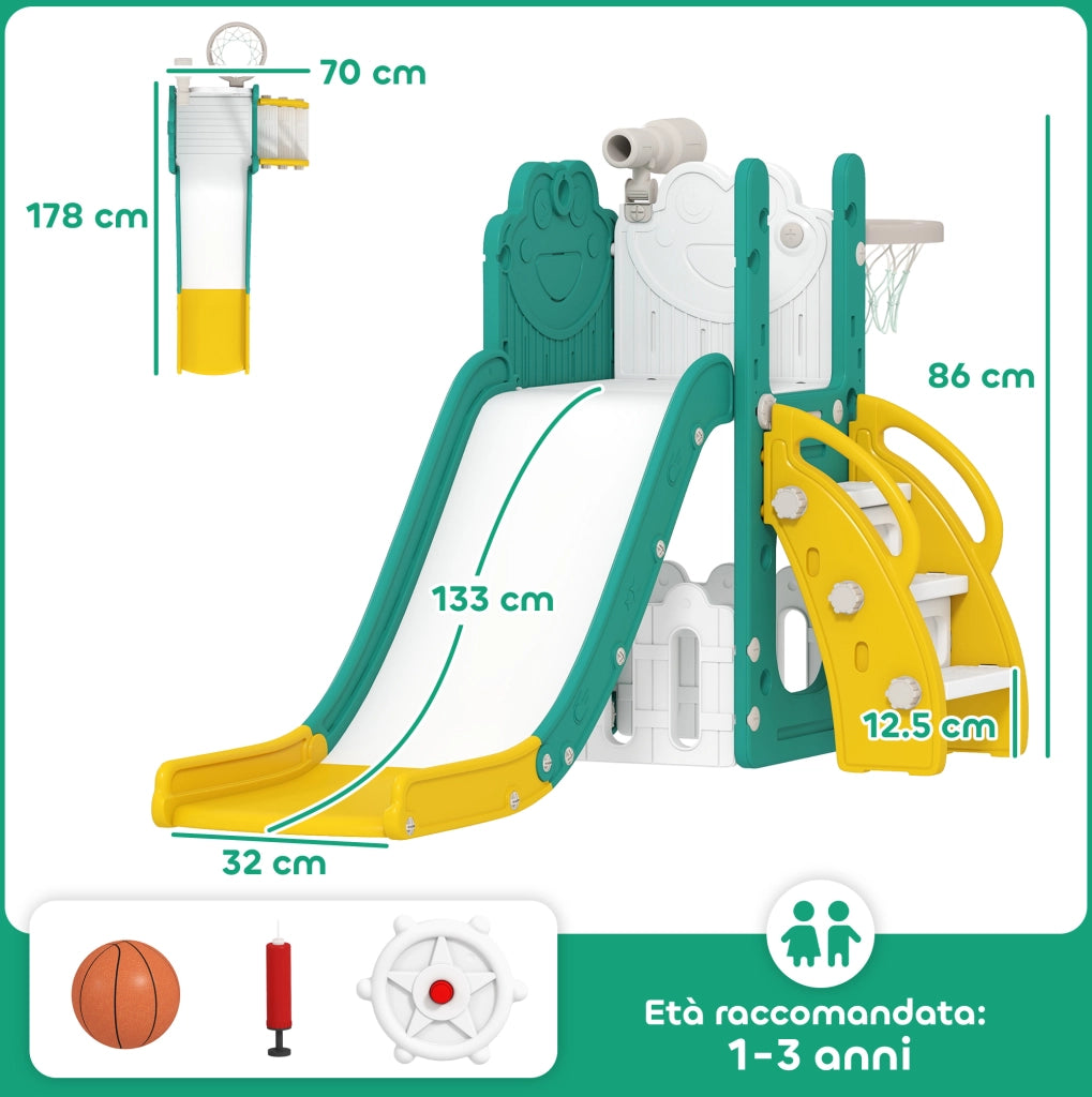 Scivolo per Bambini con Canestro 178x70x86 cm in HDPE e PP Giallo e Verde