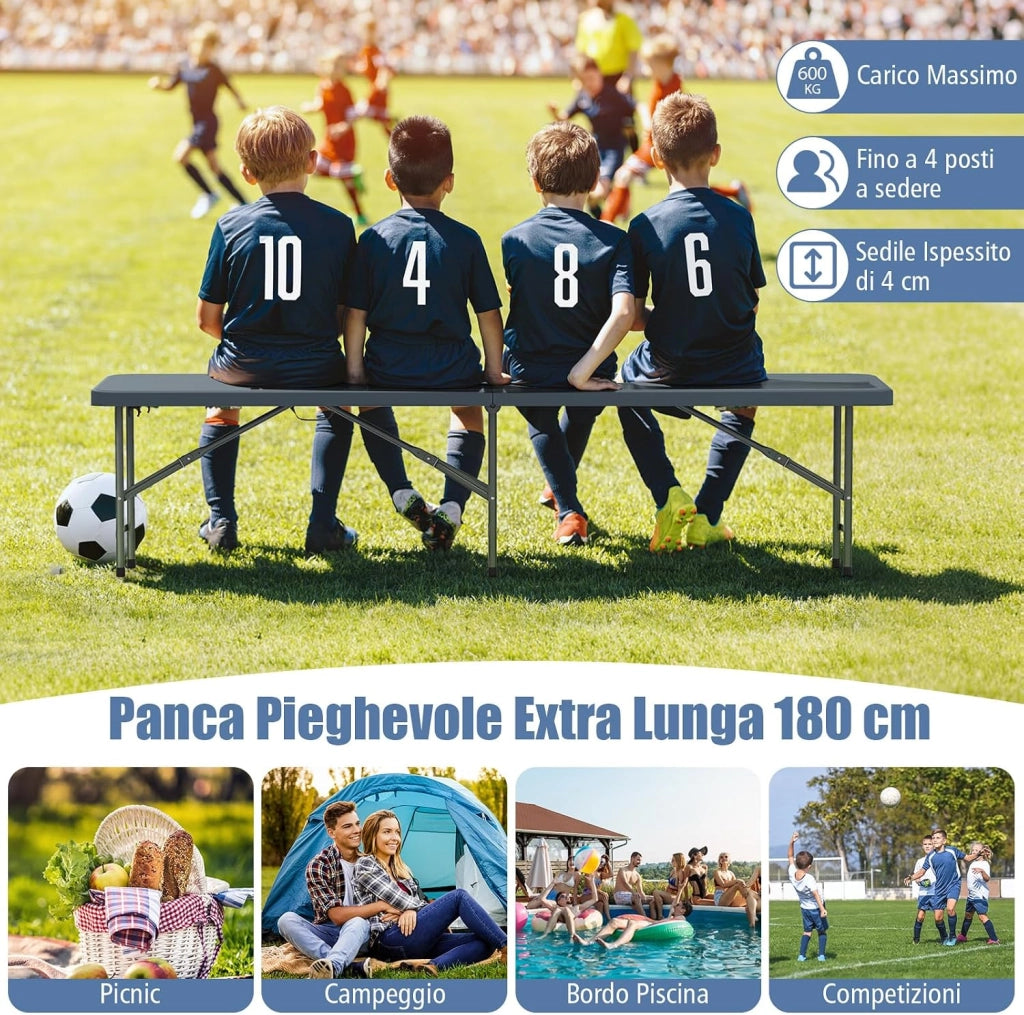 Panca Pieghevole in Plastica 180 cm, Sedile Portatile con Manico e Blocco, Panca da Campeggio in HDPE Rinforzato, per Giardino Campeggio Picnic, Portata 300 kg (Grigio)